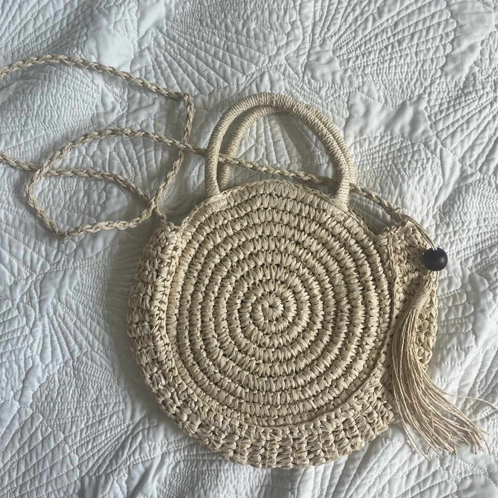 Beige Woven Straw Circle Bag